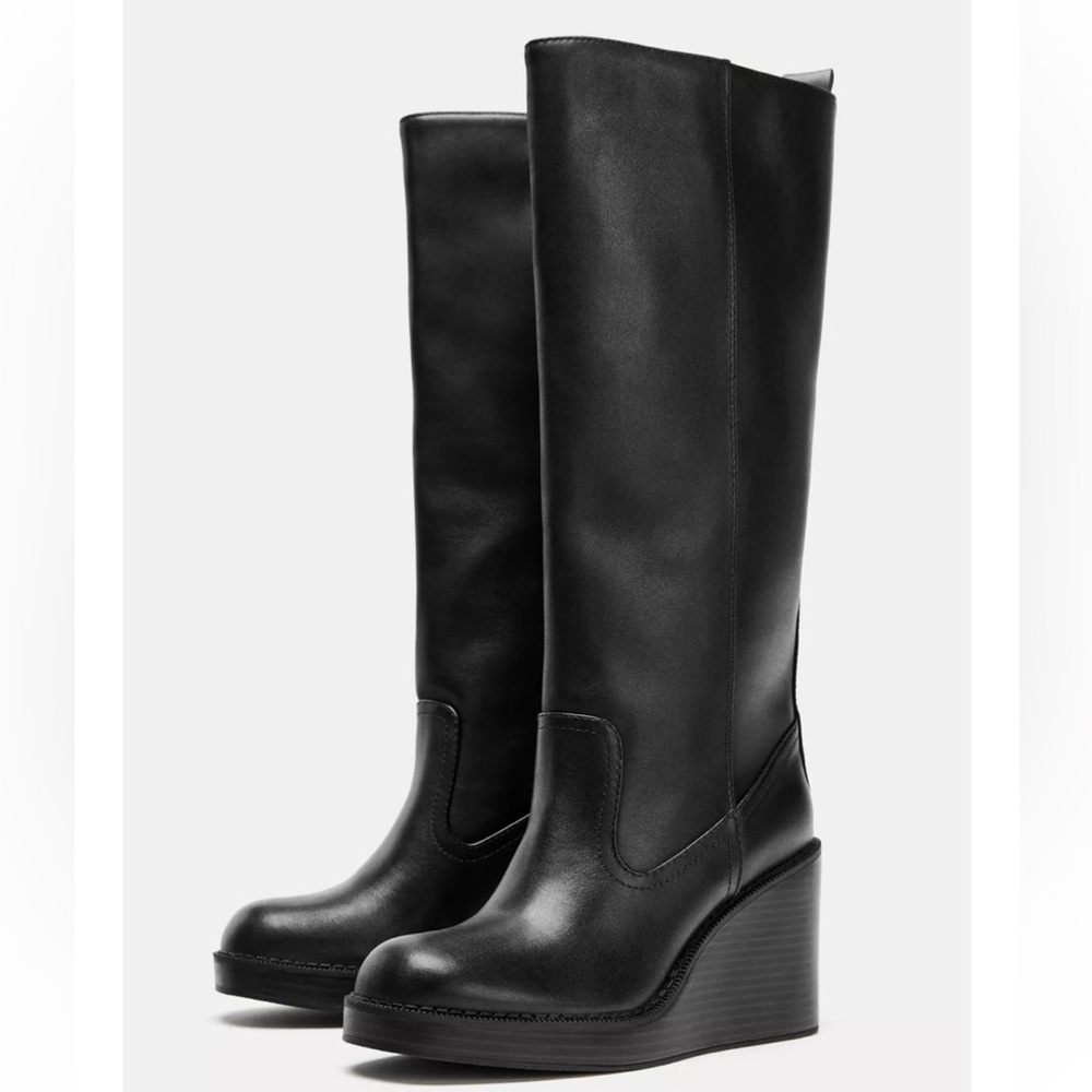 Zara Black Leather Wedge Boots